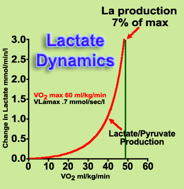 the relationship between lactate production rates and VO2 max for a VLamax of .7 mmol/s/l